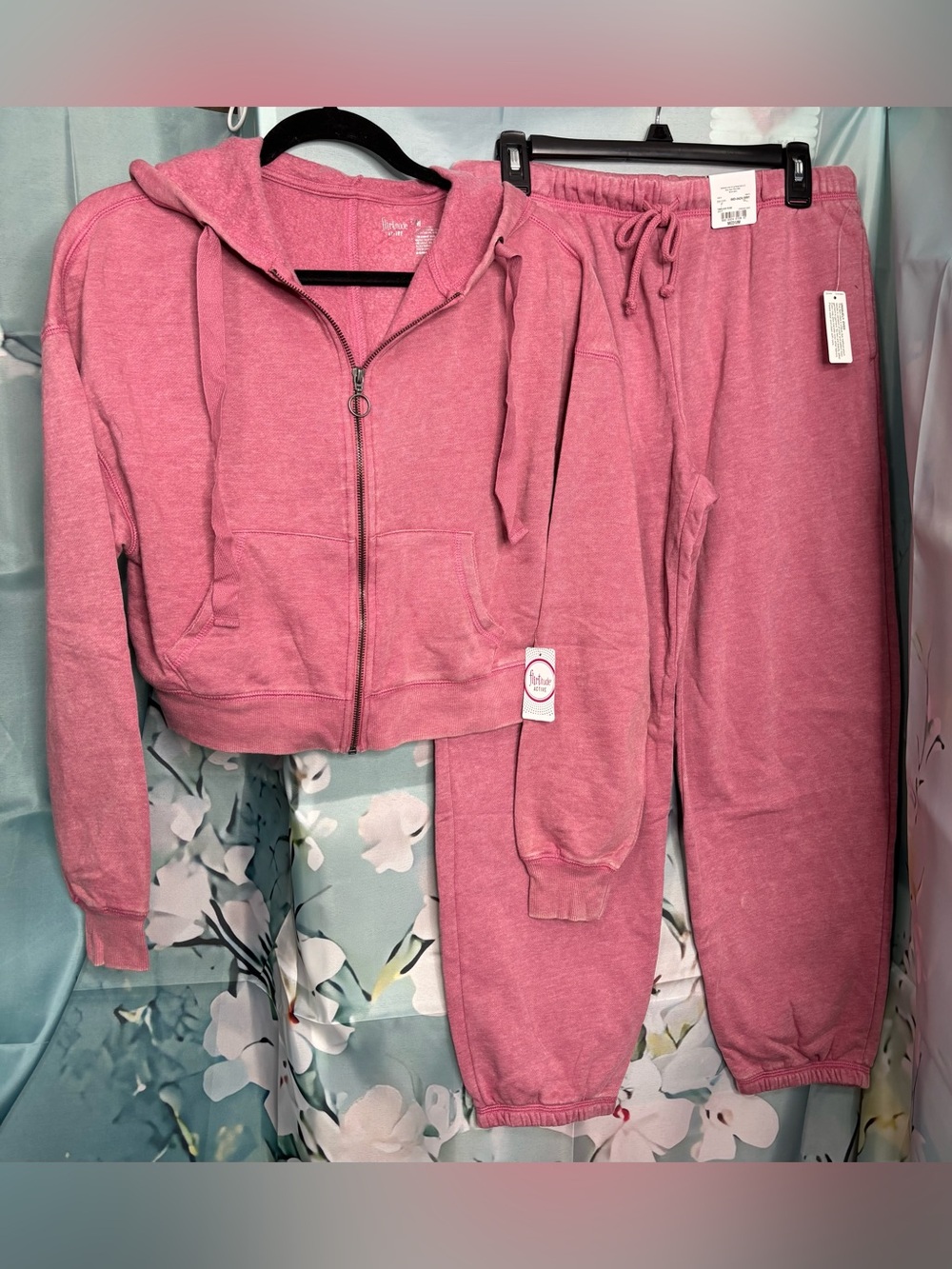NWT Flirtitude Mineral Wash Heather Rose Pink Crop Zip Hoodie & Joggers Set